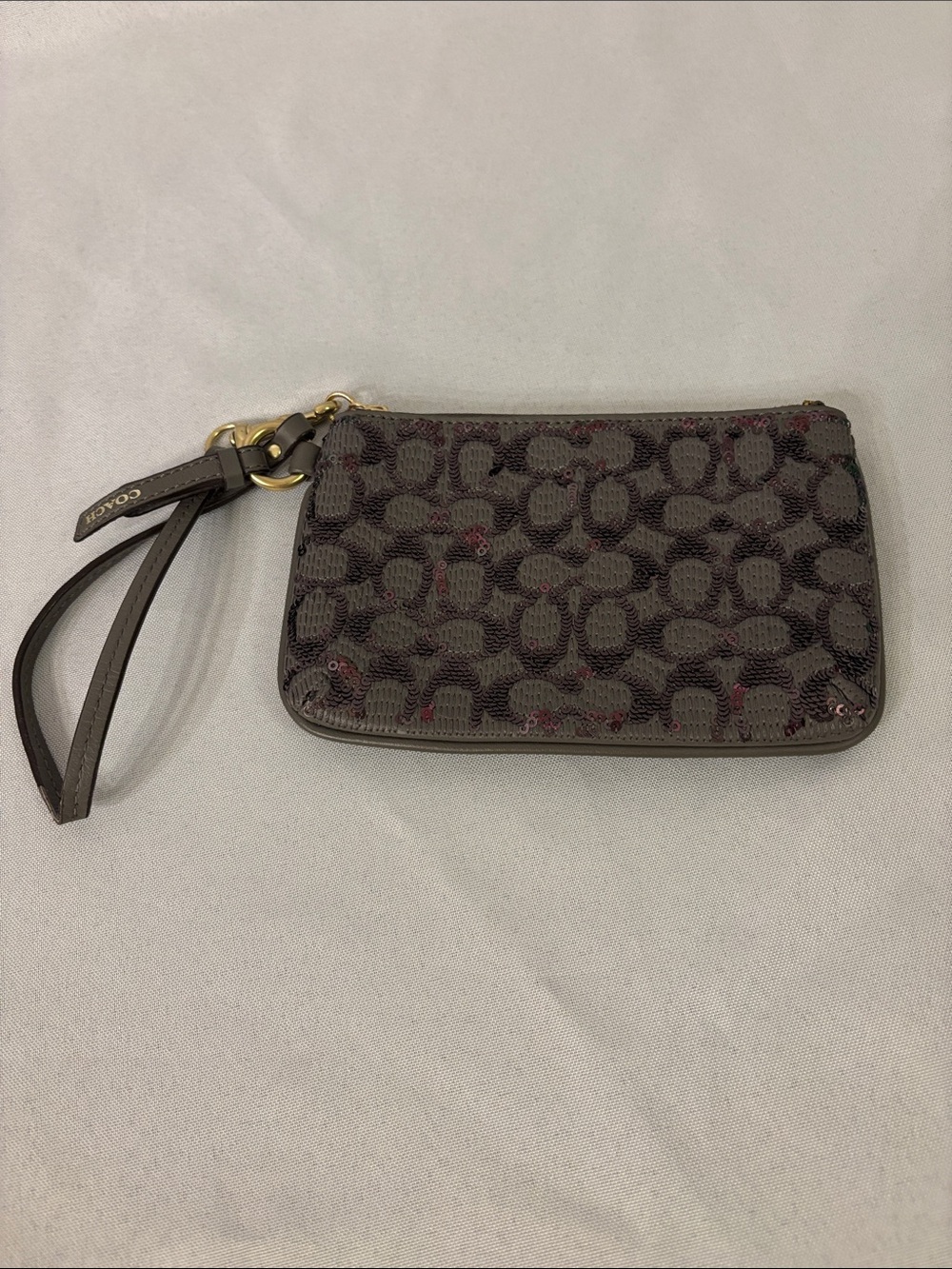 Coach Dark Gray Signature Canvas Wristlet with Sequin Accents